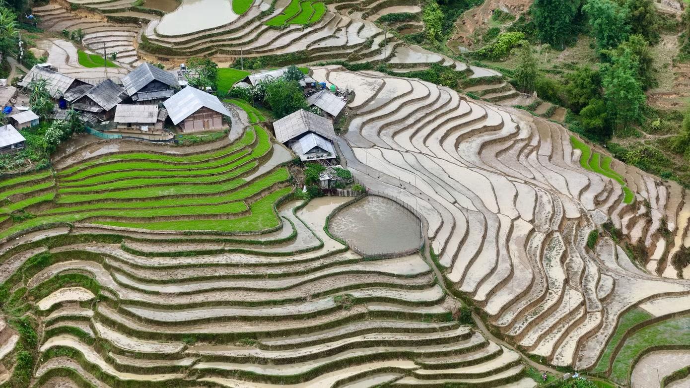  Vào mùa đổ ải, những thửa ruộng bậc thang uốn cong, xếp lớp giữa núi rừng, mặt nước loang loáng, tạo nên khung cảnh nổi bật giữa mây trời. 