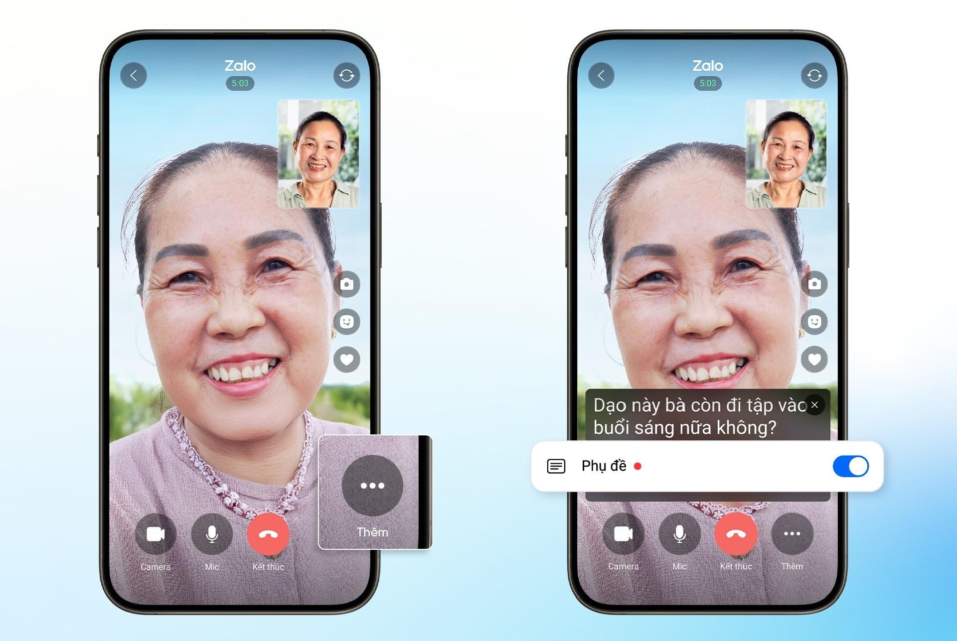  Người cao tuổi bật tính năng Call Caption để dễ dàng theo dõi cuộc trò chuyện. 