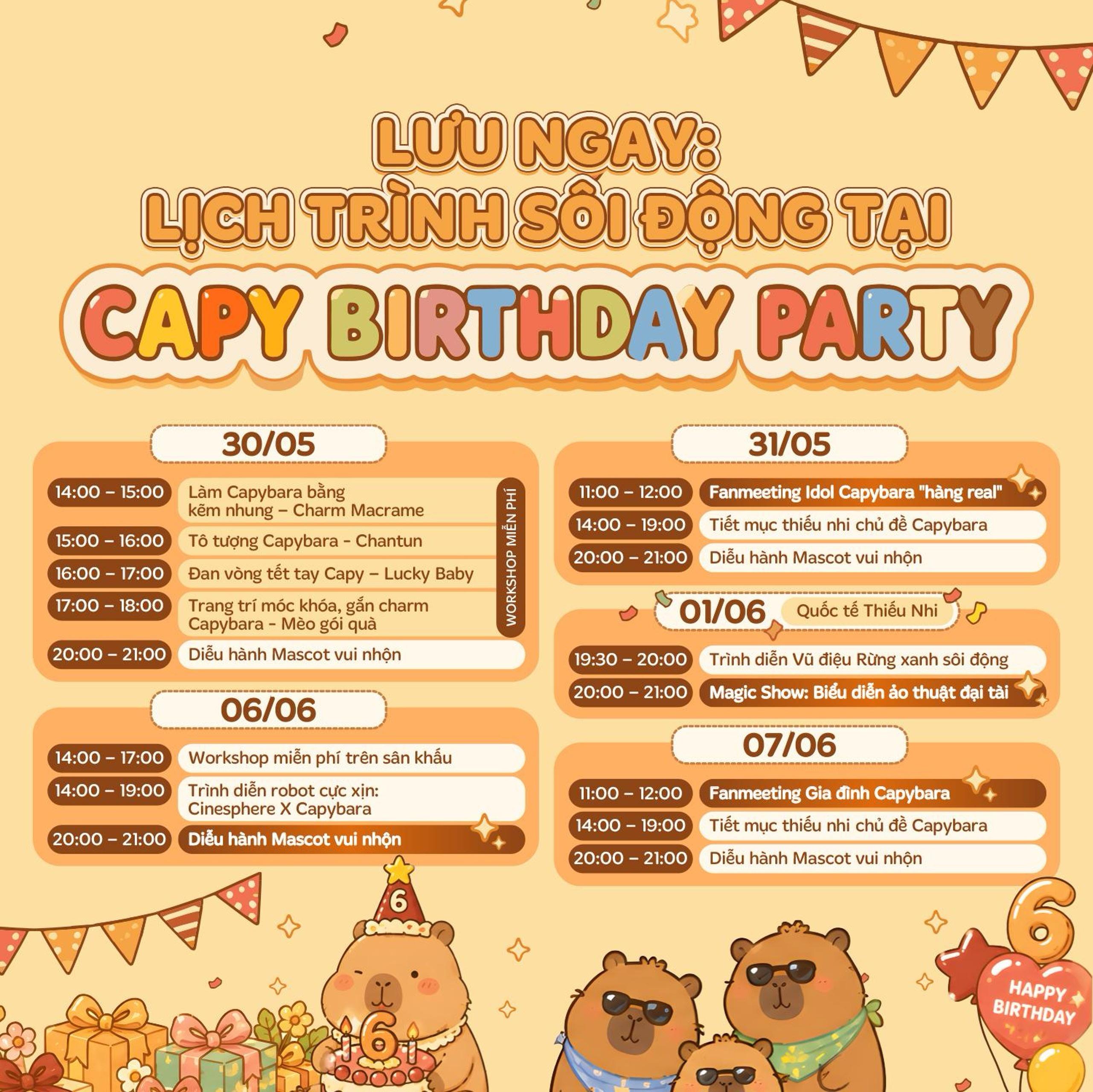  Tham khảo lịch trình hoạt động diễn ra tại sự kiện Capy Birthday Party ở Aeon Mall Hà Đông.