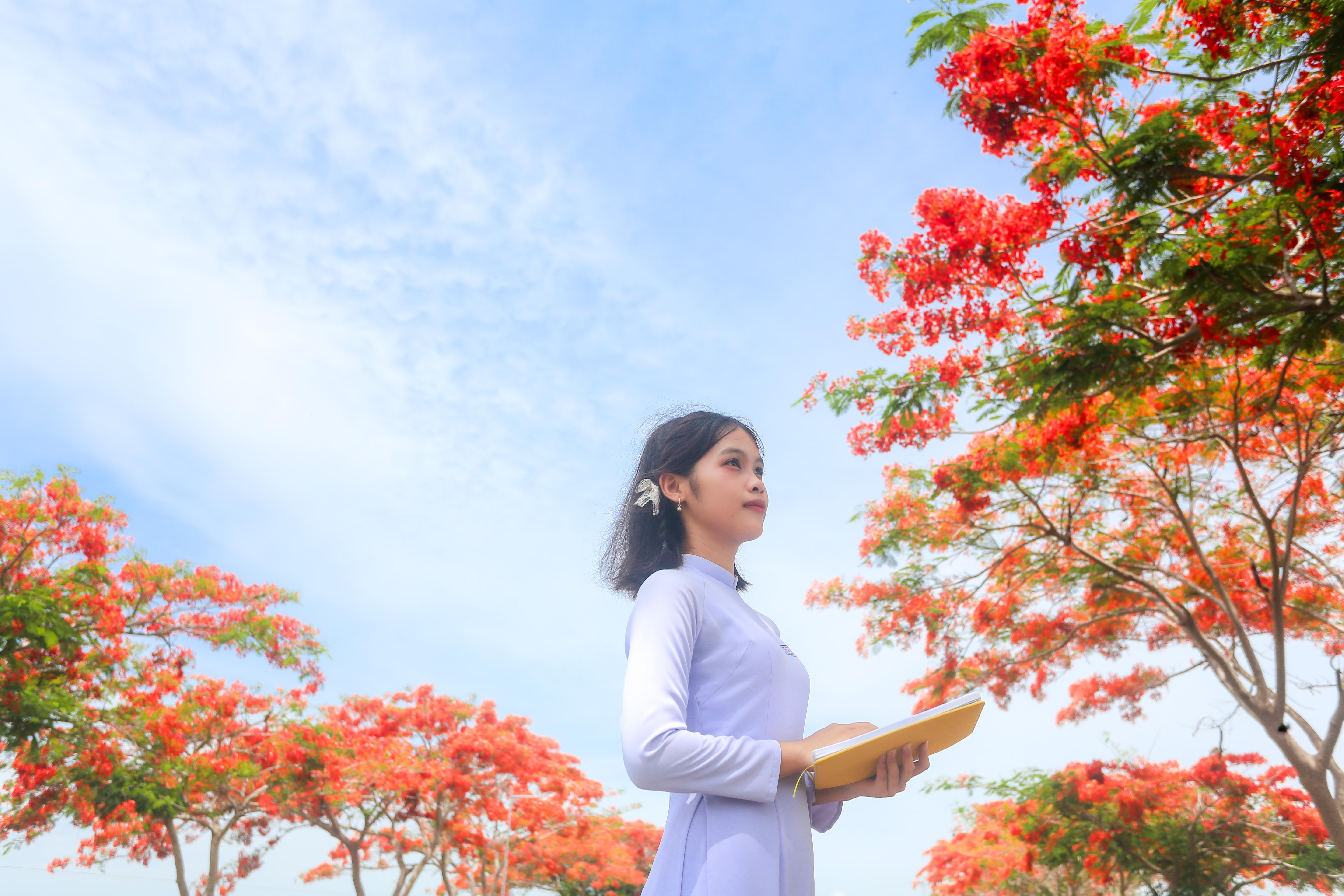  Em Nguyễn Huỳnh Ngọc Phúc bên hàng cây phượng đỏ rực. 