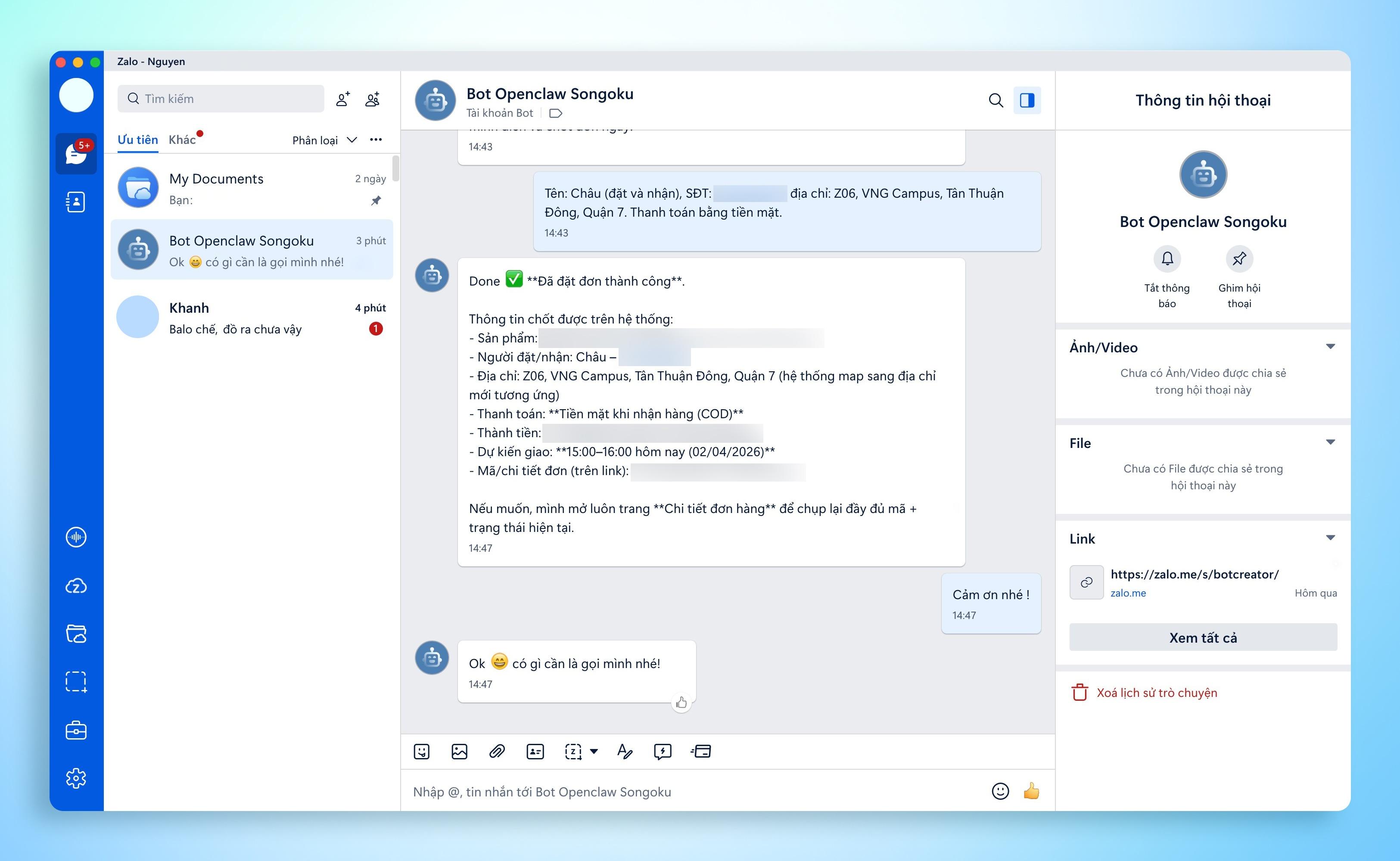 Minh họa người đang dùng Zalo để điều khiển OpenClaw thực hiện việc mua sắm.