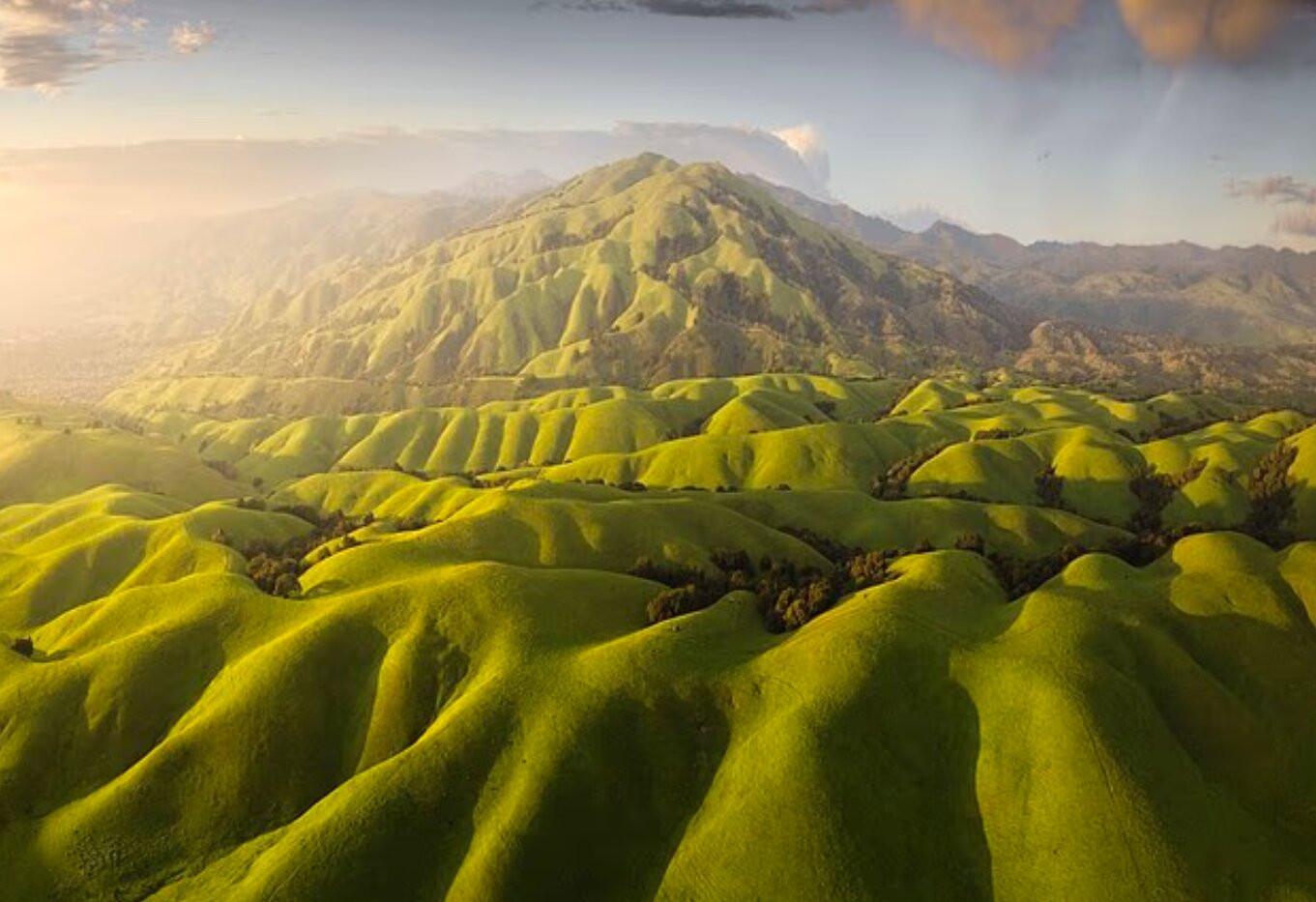 Chengming Liu chụp dãy núi Diablo Range ở bang California (Mỹ) trong thời điểm xanh tươi nhất sau những cơn mưa mùa đông, làm nổi bật những đường cong mềm mại và các dải địa hình uốn lượn. Ảnh: Chengming Liu/SWNS