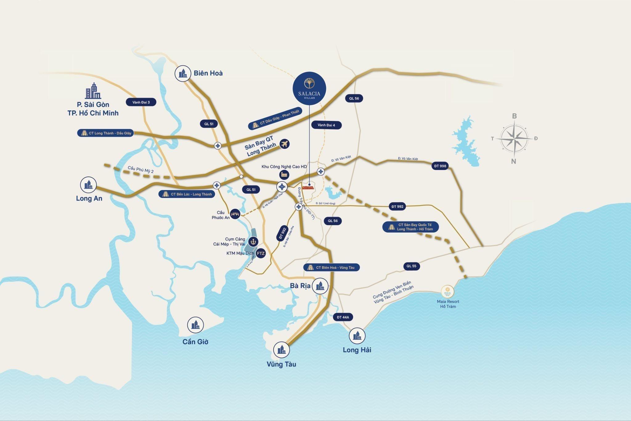Salacia Villas nằm ngay trung tâm mạng lưới công nghiệp - cảng biển - logistics phía đông TP.HCM.