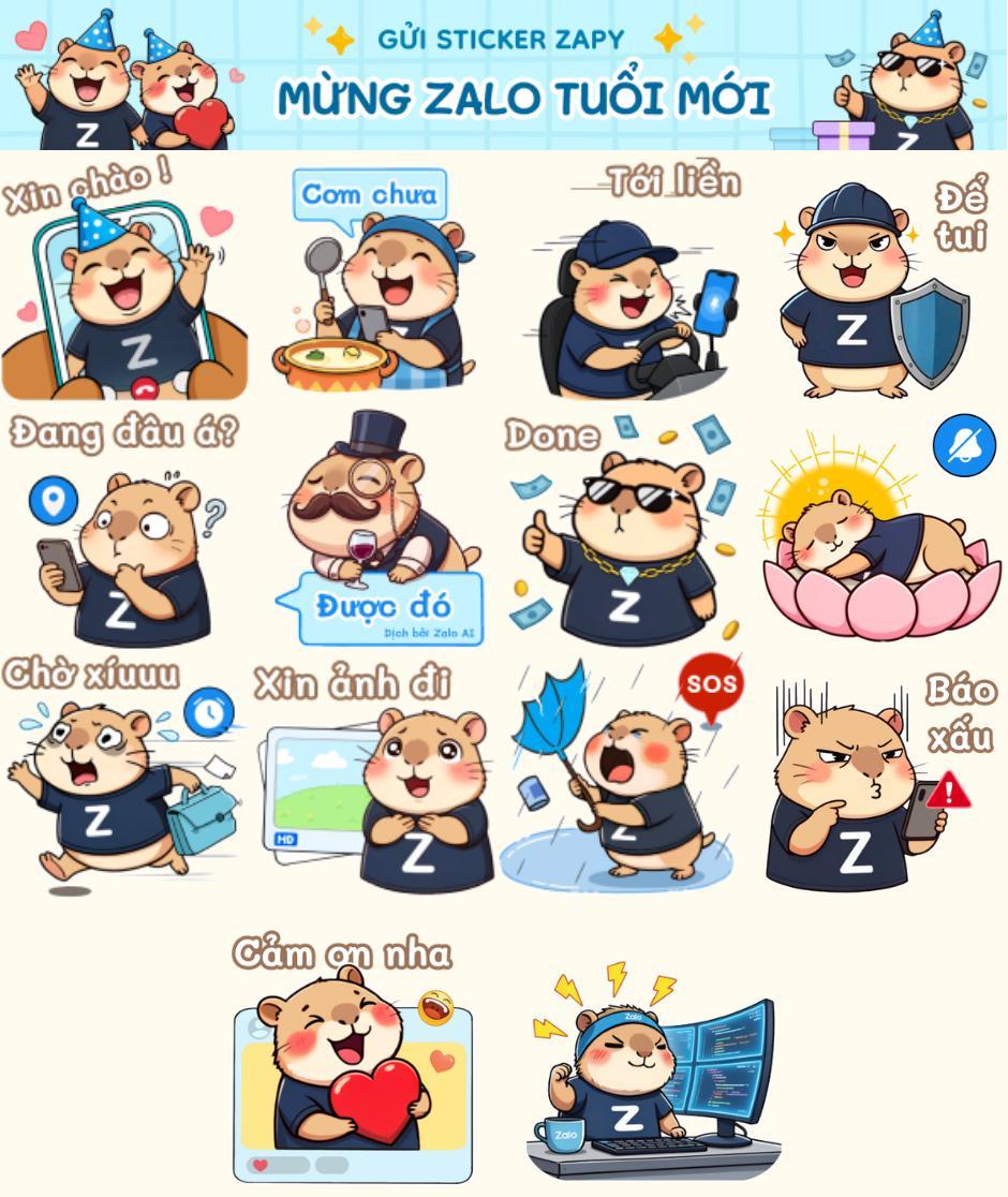  Trọn bộ phiên bản sticker Zapy mừng Zalo tròn 14 tuổi. 