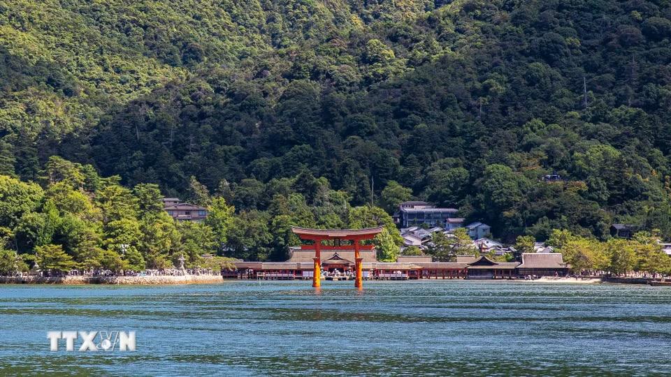 Hướng nhìn tổng thể đền Itsukushima và cánh cổng Torii trên phà từ đất liền ra đảo Miyajima. (Ảnh: Xuân Giao/TTXVN)