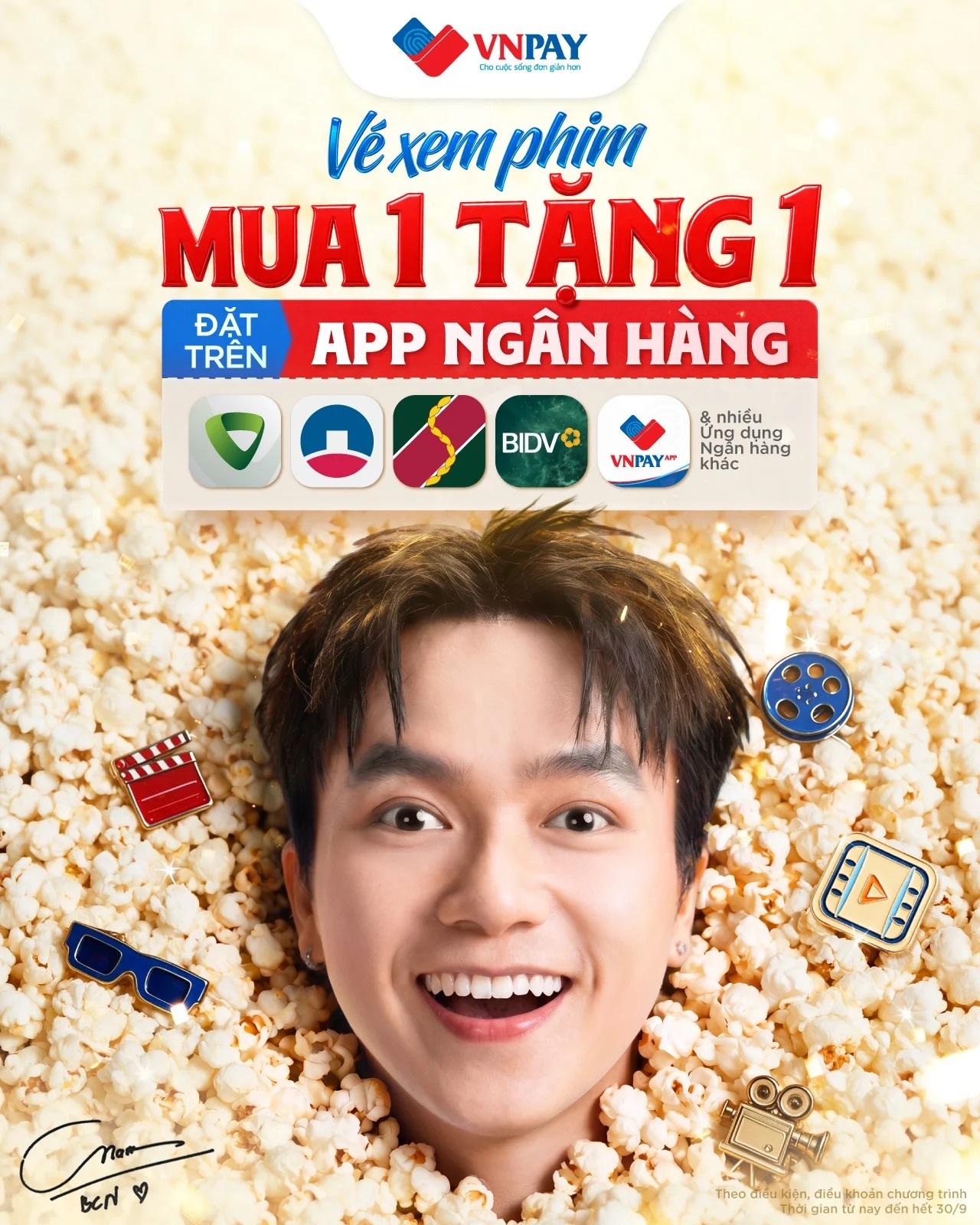 Đặt vé xem phim trên ứng dụng ngân hàng, người dùng có cơ hội nhận ưu đãi mua 1 tặng 1 trong mùa phim dịp lễ.