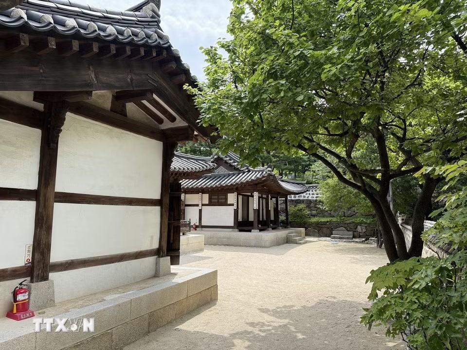 Một góc Làng Hanok Namsangol với những ngôi nhà Hanok mang đậm nét kiến trúc truyền thống của Hàn Quốc giữa không gian xanh tại thủ đô Seoul. (Ảnh: Nhật Hưng/TTXVN)