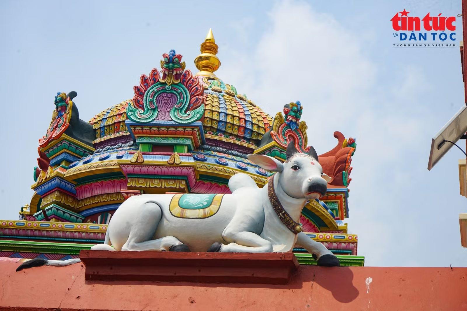 Hình tượng con bò, loài vật linh thiêng đối với người theo đạo Hindu, được chạm khắc trên những bức tường bao quanh ngôi đền.