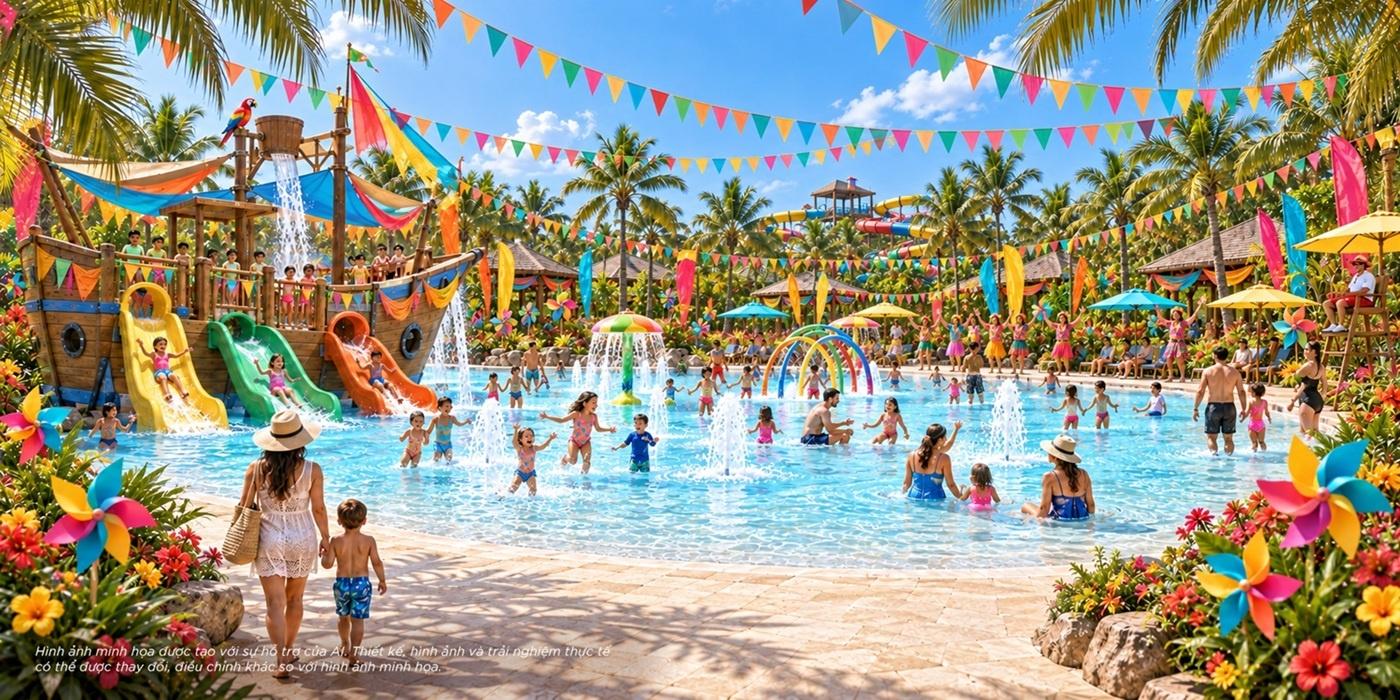  Không gian nhiệt đới Hawaii kết hợp sắc màu hội hè với các cụm trò chơi nước dành cho gia đình. Ảnh minh họa được tạo bởi sự hỗ trợ của AI. 
