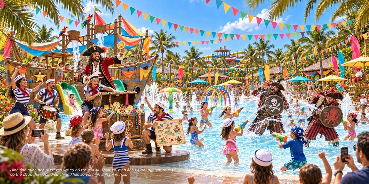  Các “thủy thủ nhí” sẽ cùng thuyền trưởng và thủy thủ đoàn khám phá kho báu trong show Cướp biển Caribbean. Ảnh minh họa được tạo bởi sự hỗ trợ của AI. 