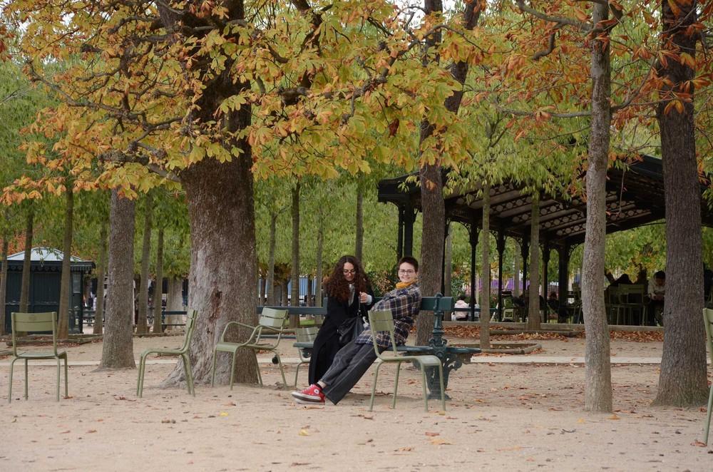 Hai bạn trẻ tận hưởng không khí mùa thu dưới những tán cây lá vàng tại Vườn hoa Luxembourg ở Paris (Pháp)