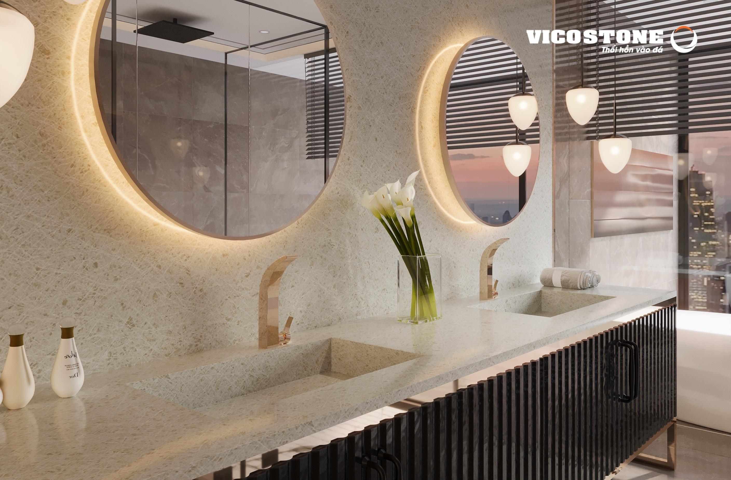  Tái hiện vẻ đẹp của những tinh thể băng trong quá trình chuyển động và tái cấu trúc, Viscostone Peralto BQ9663 kết hợp nền xám dịu nhẹ cùng đường vân trắng, be vàng thanh lịch, phù hợp các ứng dụng như mặt bếp, bàn đảo, bàn ăn, lavabo…