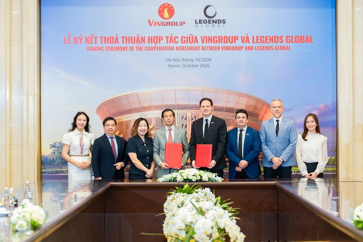 Lễ ký kết thỏa thuận hợp tác giữa Vingroup và Legends Global đánh dấu quan hệ đối tác chiến lược về việc tổ chức, vận hành SVĐ VinFast - Trống Đồng.