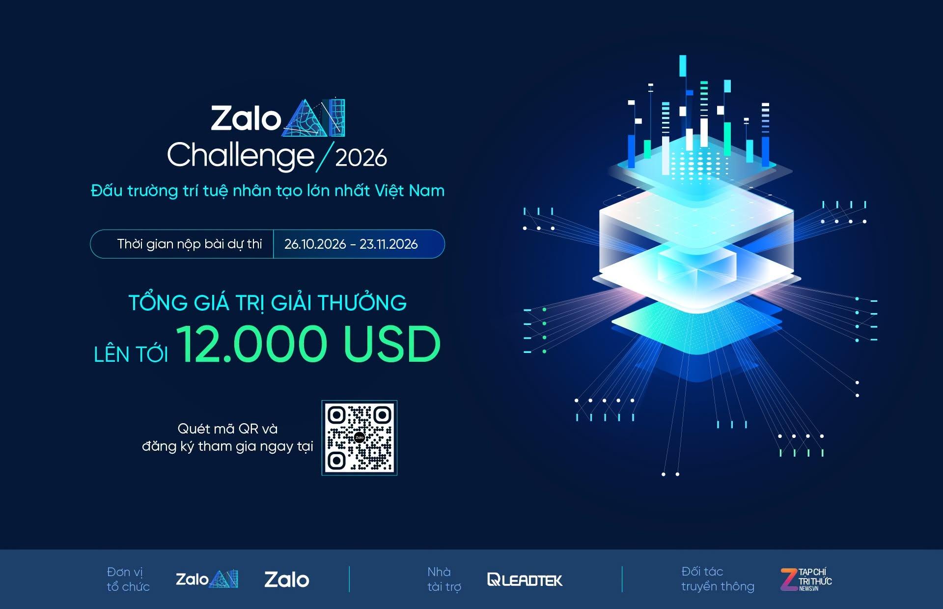  Đấu trường trí tuệ nhân tạo Zalo AI Challenge 2026 tiếp nhận bài dự thi từ 26/10 đến 23/11. 