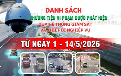 Danh sách phương tiện vi phạm giao thông được phát hiện qua hệ thống giám sát và thiết bị nghiệp vụ từ ngày 1-14/5/2026