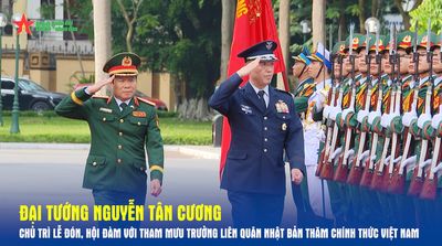 Đại tướng Nguyễn Tân Cương chủ trì lễ đón, hội đàm với Tham mưu trưởng Liên quân Nhật Bản thăm chính thức Việt Nam