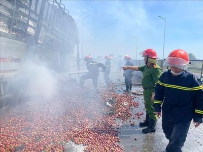 Xe tải chở 10 tấn mận cháy rụi trên cao tốc Diễn Châu - Bãi Vọt