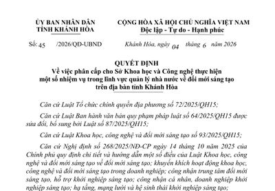 Từ ngày 17-6, Sở Khoa học và Công nghệ tỉnh Khánh Hòa được phân cấp thực hiện một số nhiệm vụ về đổi mới sáng tạo