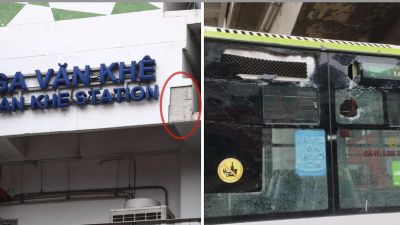 Mảng vật liệu nhà ga metro Cát Linh - Hà Đông rơi vỡ kính xe buýt