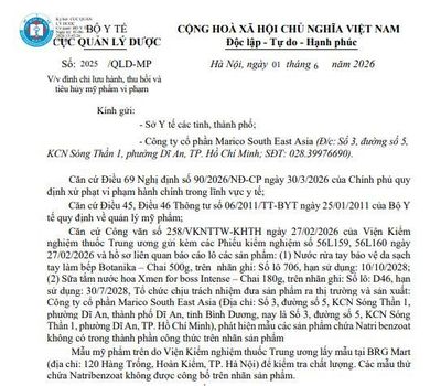 Thu hồi, tiêu hủy lô sữa tắm và nước rửa tay của Công ty Marico South East Asia