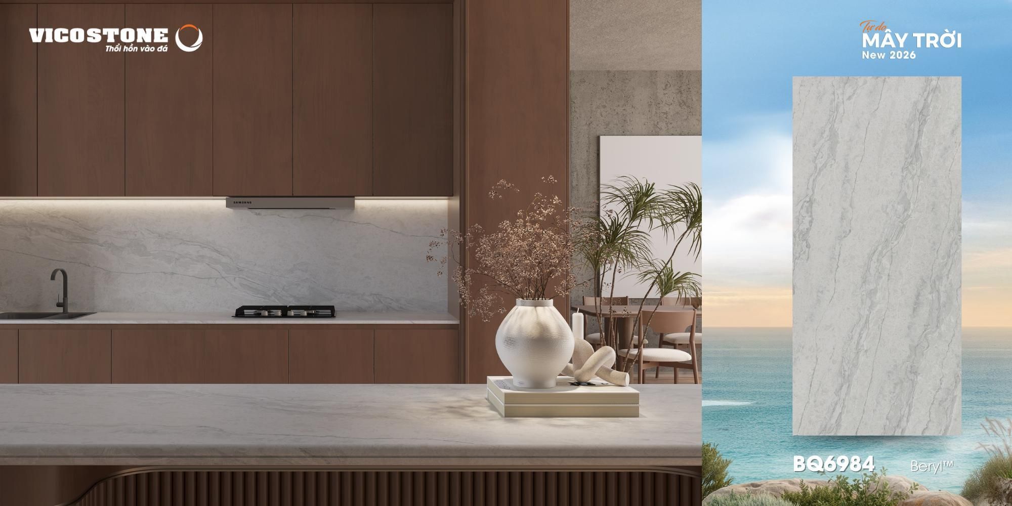  Lấy cảm hứng từ áng mây trước bình minh, Vicostone Beryl BQ6984 sở hữu vân mây mềm mại trên nền xám - mảnh ghép ấn tượng cho không gian, giúp khơi nguồn cảm hứng sáng tạo cho tổ ấm. 