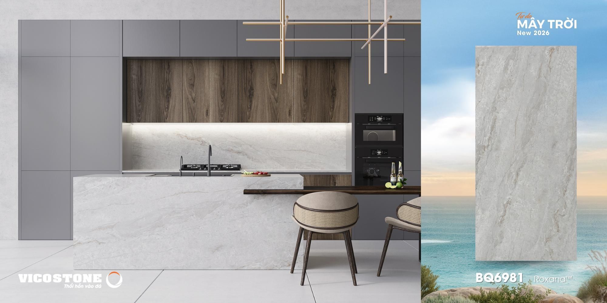  Gói trọn dư vị của mây trời hoàng hôn vào không gian sống, Vicostone Roxana BQ6981 với sắc nâu đất ấm áp và đường vân mềm mại, mang đến vẻ đẹp tinh tế. 