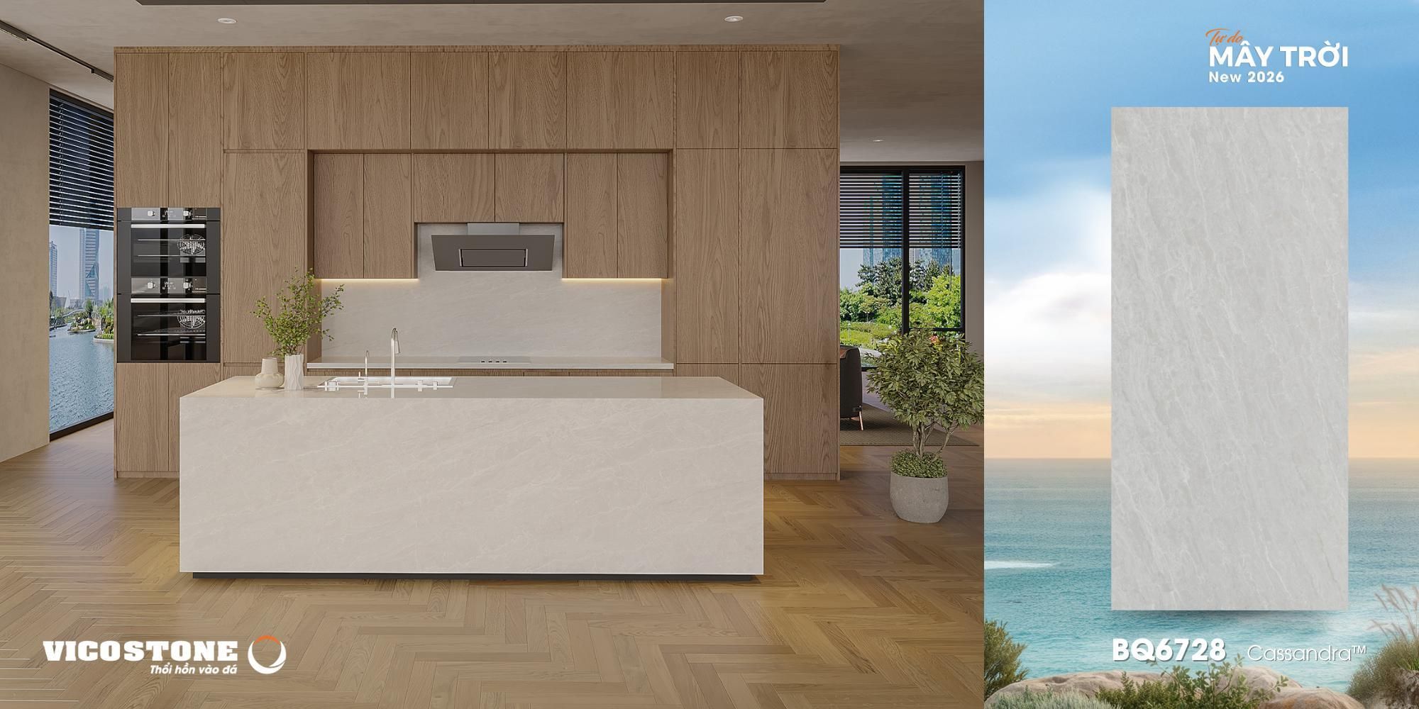  Vicostone Cassandra BQ6728 tái hiện vẻ đẹp của mây trời trước cơn dông, với đường vân trắng thanh mảnh trên nền xám, mang đến sự thanh lịch và chiều sâu, đồng thời mở ra không gian hiện đại. 