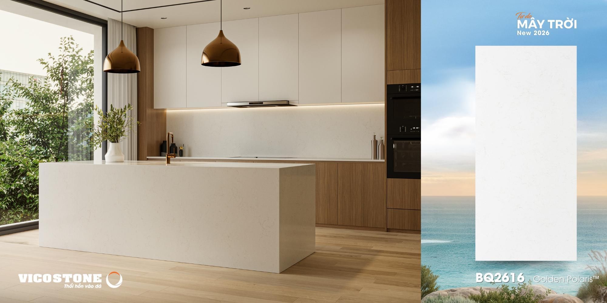  Vicostone Golden Polaris BQ2616 khắc họa bầu trời trong trẻo và bừng sáng sau cơn bão tuyết với đường vân ấm áp trên nền trắng, khơi gợi nguồn năng lượng tươi mới cho không gian. 