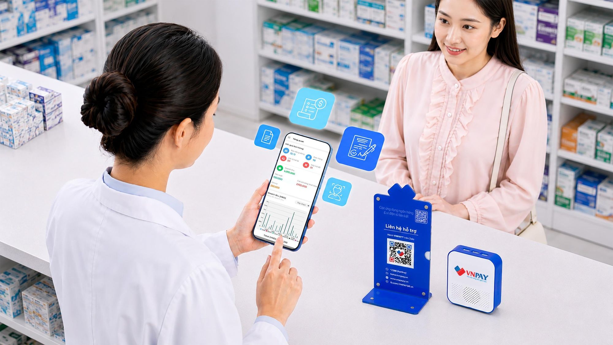  Bộ giải pháp của VNPAY hỗ trợ hộ kinh doanh, doanh nghiệp đa dạng hình thức thanh toán và cập nhật doanh thu tự động giúp kê khai thuế chính xác. 