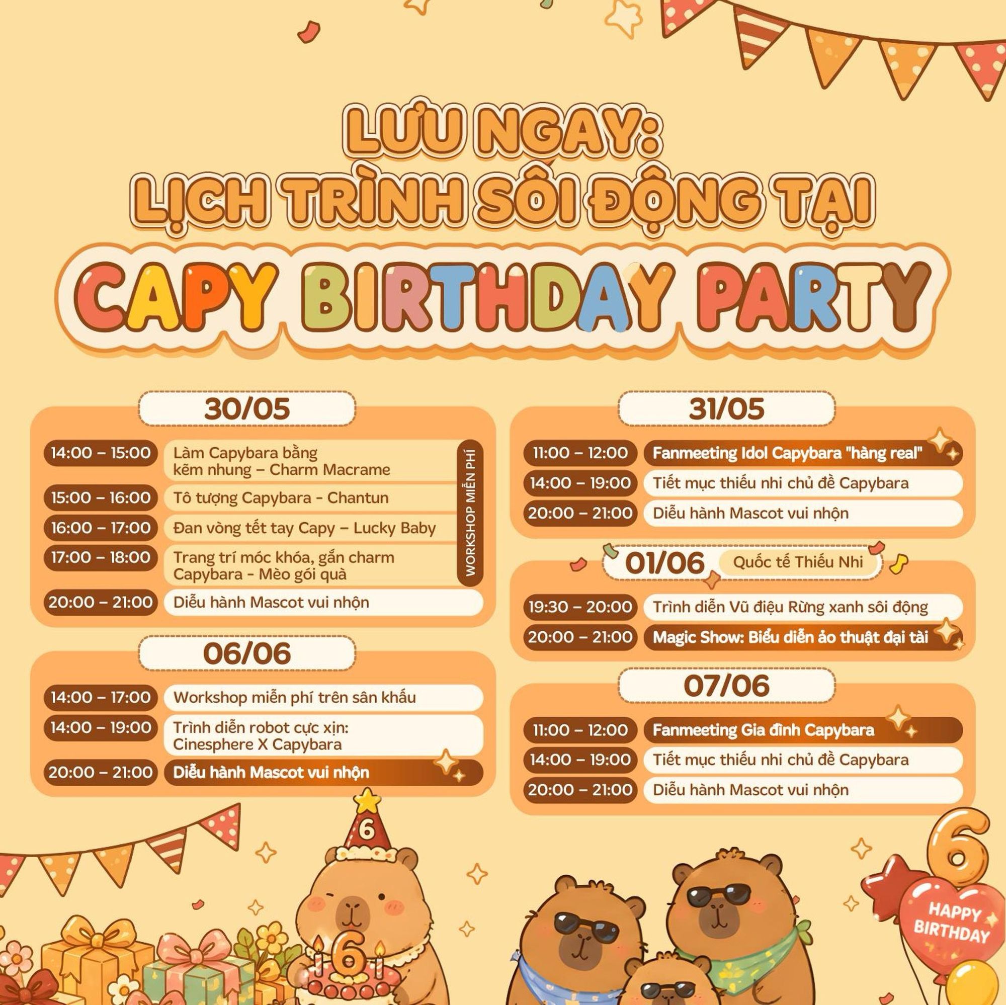 Tham khảo lịch trình hoạt động diễn ra tại sự kiện Capy Birthday Party ở Aeon Mall Hà Đông.