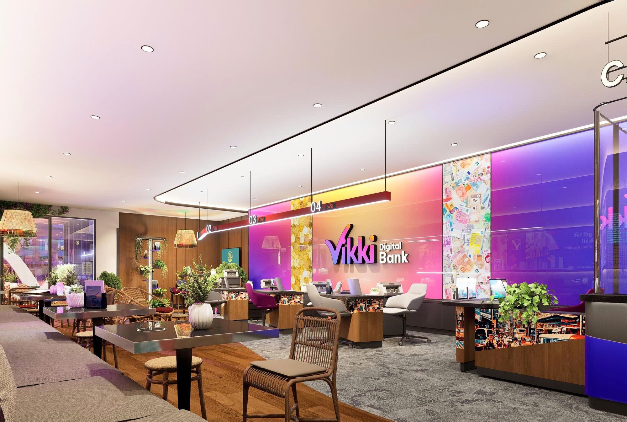  Thiết kế khu vực “Điểm hẹn tài chính - cafe in bank” kết hợp giữa ngân hàng số, không gian giao dịch thông minh và cà phê kết nối cộng đồng của Vikki Digital Bank. 