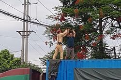 Cảnh sát giao thông kịp thời xử lý nhiều cuộn dây cáp rơi chắn ngang đường