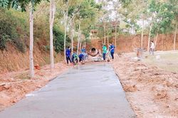 Sinh viên tình nguyện giúp dân làm đường bê tông