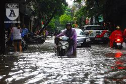 Phố biến thành 'sông' sau mưa lớn, khiến phương tiện giao thông tê liệt
