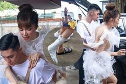 Hương Giang nhảy lò cò đến ghi hình The Voice Kids vì gãy xương chân