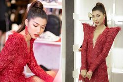 Đồng Ánh Quỳnh hút mọi ánh nhìn với chiếc váy màu đỏ san hô xẻ ngực sâu 'tới rốn'