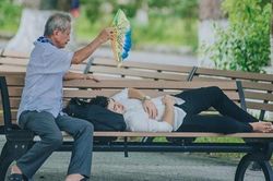 Ông quạt cho cháu ngủ trên ghế đá trong ngày nhập học