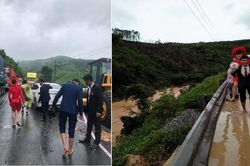 Chú rể hạnh phúc cõng cô dâu vượt qua đoạn quốc lộ đầy bùn lầy