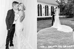 Chiếc váy cưới thông điệp 'Cho đến khi cái chết chia lìa chúng ta' của Hailey Bieber dậy sóng mạng xã hội