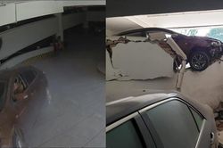 Khoảnh khắc ô tô 'lấy đà' đâm đổ tường của hầm gửi xe tại Hà Nội