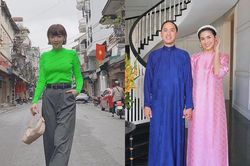 Tóc Tiên mặc áo nõn chuối, Tăng Thanh Hà diện áo dài hồng bên chồng