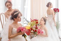 Bạn gái Quang Hải mặc váy cô dâu, xinh đẹp như thiên thần