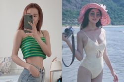 Nhã Phương vén áo khoe eo thon, Lương Thùy Linh tạo dáng với bikini