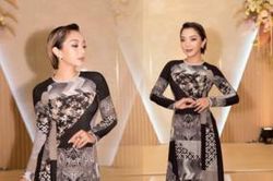 Phương Anh thon thả trong tà áo dài họa tiết hình học độc đáo