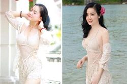 Nghệ sĩ Thu Quế đụng hàng đồ bơi với Hoa hậu Đền Hùng Giáng My: Vóc dáng không kém cạnh nhau
