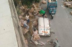 Xe ô tô chở thịt lợn gặp tai nạn trên đường cao tốc, dân đánh cả xe 3 gác ra hôi của