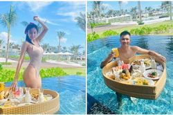Công Vinh bị vợ bắt xuống hồ bơi ăn sáng, Thủy Tiên khoe dáng nóng bỏng