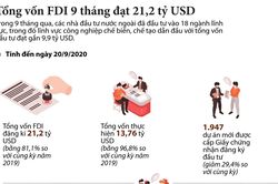 Tổng vốn FDI 9 tháng đạt 21,2 tỷ USD
