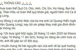 Vân Quang Long ra đi ngay khi đang ăn cơm trưa cùng gia đình tại Mỹ