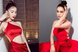 Hoàng Thùy Linh, Ngọc Trinh quyến rũ với đầm đỏ cắt xẻ táo bạo